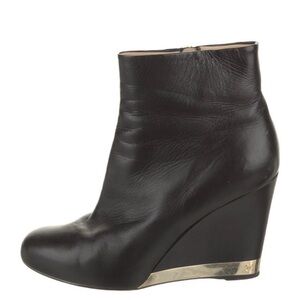 CHANEL SZ 39 Black Leather Wedge Ankle Boot with Gold Trim